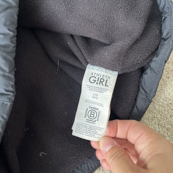 Athleta Down Puffer Jacket Girls Large 12 Black Snow Day Hooded Parka Winter - Picture 3 of 6